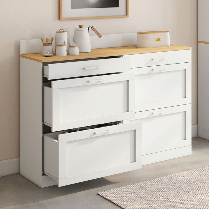 IDMARKET Buffet bas de cuisine 120 cm casserolier VITO plan de travail H.83 cm 6 tiroirs blanc et plateau façon hêtre