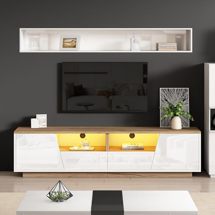 Meuble TV 2 tiroirs et 2 armoires LED pour TV jusquà 75 pouces blanc et bois 180 x 40 x 46 cm Meuble TV 2 tiroirs et 2 armoires LED pour TV jusquà 75 pouces blanc et bois 180 x 40 x 46 cm