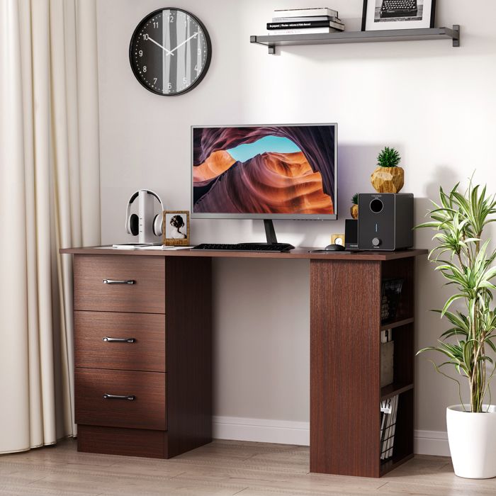 Bureau dordinateur réversible table informatique avec 3 tiroirs et 3 étagères ouvertes 120 x 49 x 72 cm noyer