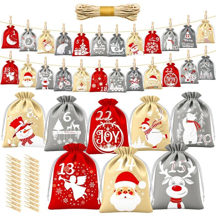 Calendrier De L'Avent Tissu 24 Poches Réutilisable - Décoration Noël DIY à Remplir