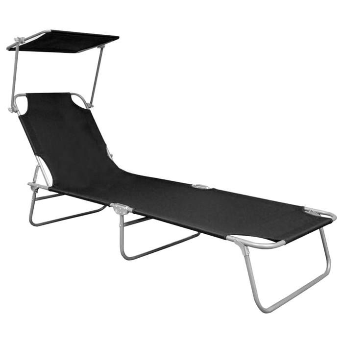 Chaise longue pliable avec auvent - JILL - Noir - Aluminium - 188 5x57 5x27 cm - 110 kg max - Dossier réglable