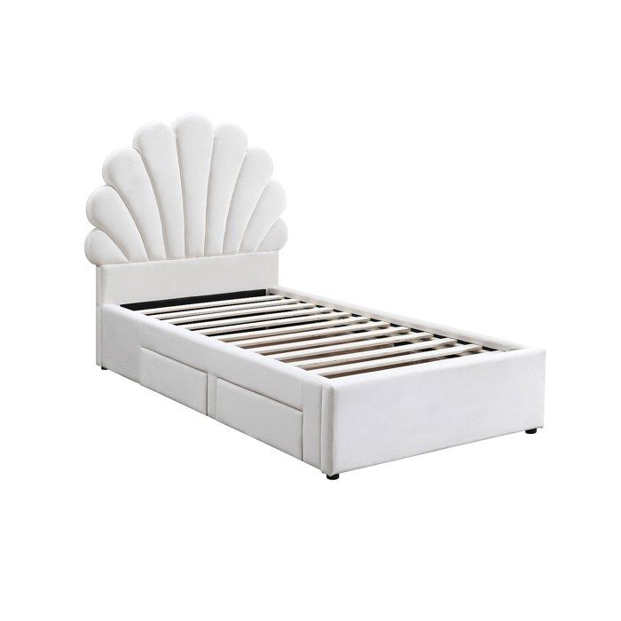 Lit coquillage 90 x 190 cm avec 2 tiroirs - Velours - Blanc - MOANA Lit coquillage 90 x 190 cm avec 2 tiroirs - Velours - Blanc - MOANA