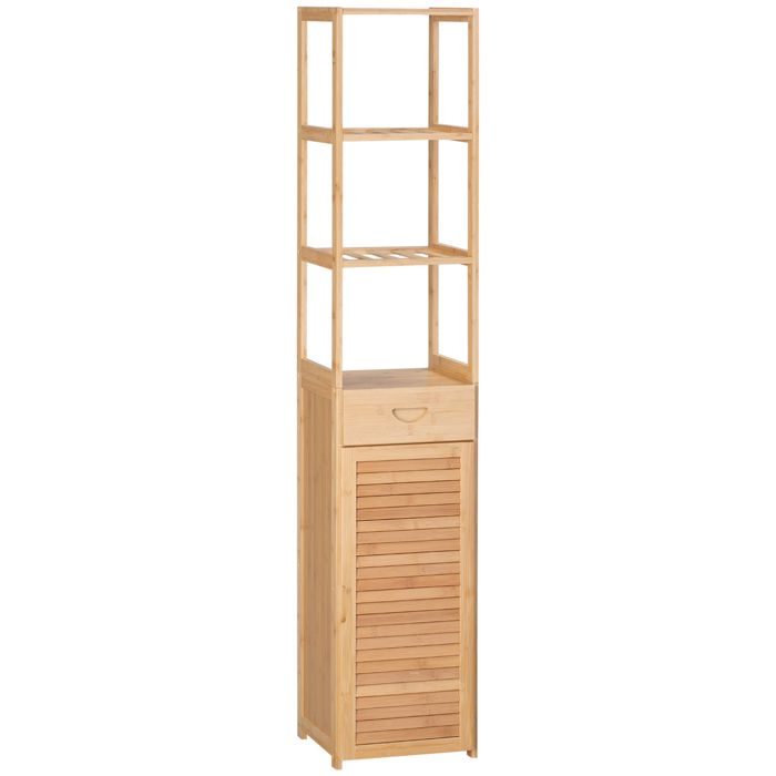 Armoire de salle de bain - Bambou - 32x30x163 cm - Trois étagères - Tiroir intégré