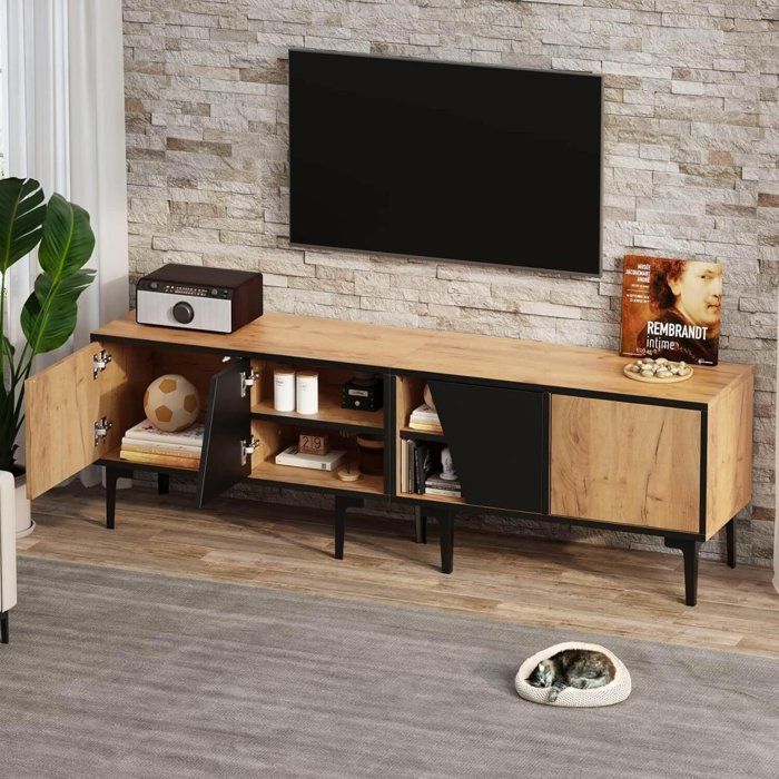 Meuble TV 160cm Meuble Tele avec 2 Armoires Étagères Réglables 7 Pieds de Support pour Téléviseurs Denviron 65 Pouces Naturel