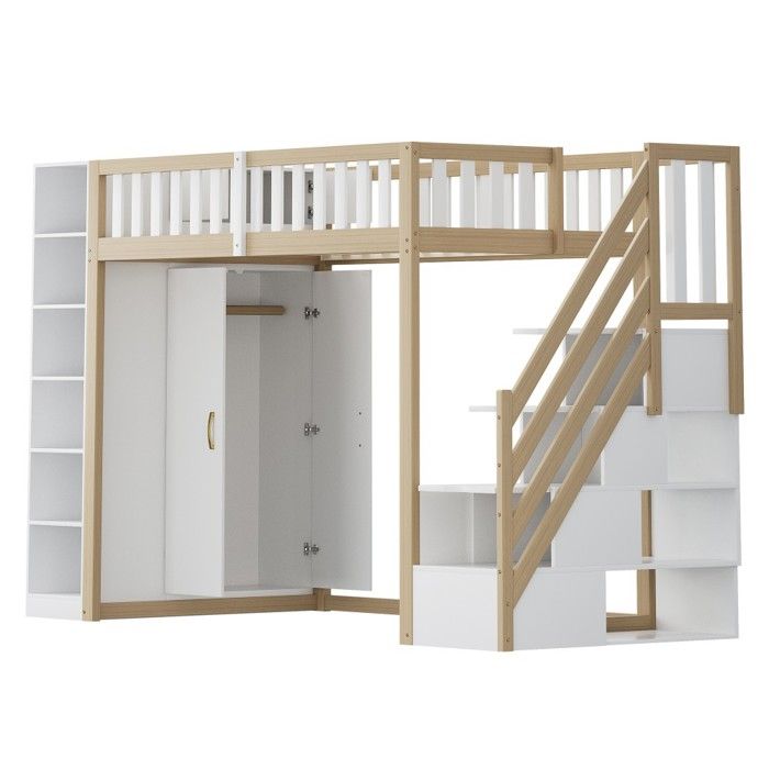 Lit Mezzanine Multifonctionnel Bois Naturel et Blanc 90x200cm- Étagères Armoire Penderie- Échelle Sécurité sans Matelas- Rangement