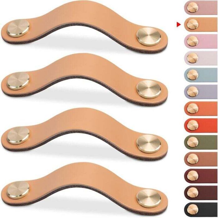 Poignée de meuble - PZCC - Vintage Beige - 128 mm entraxe - Cuir de vache 3 mm - Lot de 4