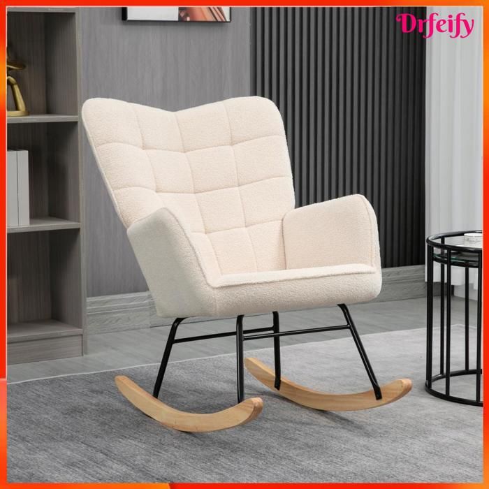 Fauteuil à bascule - AKOZON - 9309 - Revêtement laine bouclée beige - Cadre acier - Base bois hêtre