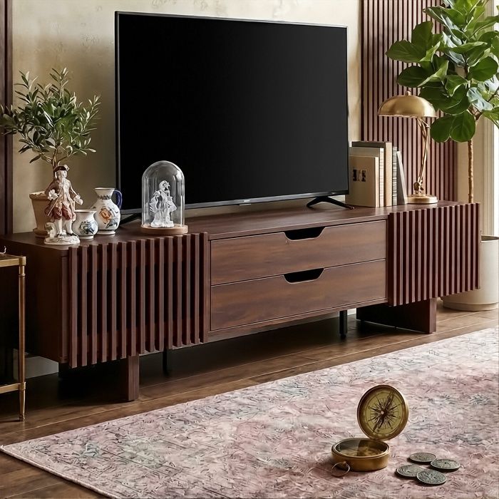 Meuble TV 180x40x45cm - 2 Tiroirs & Portes Persiennes - Charnières Amorties - MDF Noyer Foncé