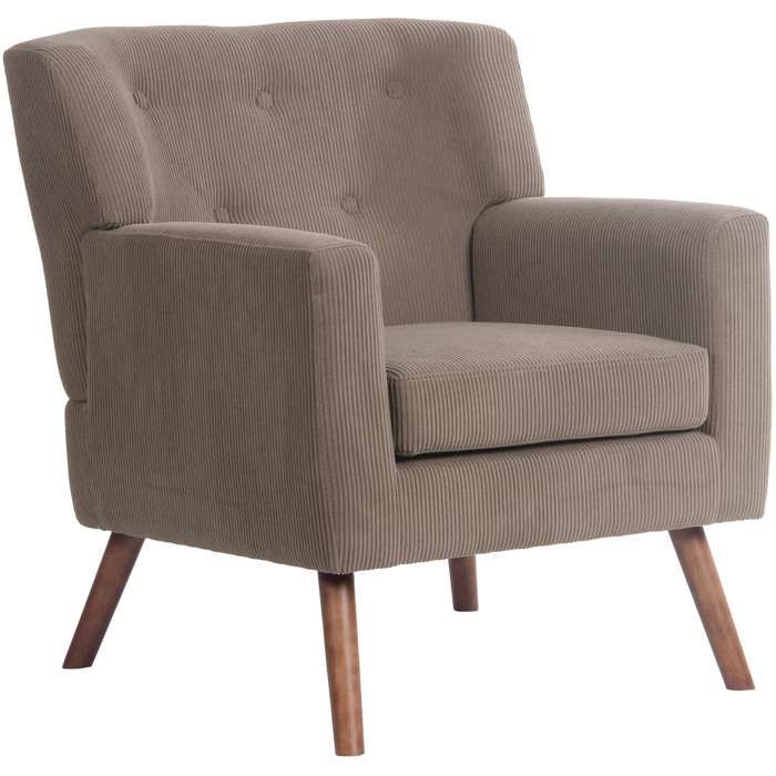 Fauteuil - DÉCOSHOP26 - Avec dossier à boutons capitonnés - Velours côtelé marron foncé - Pieds hévéa - Charge 150 kg
