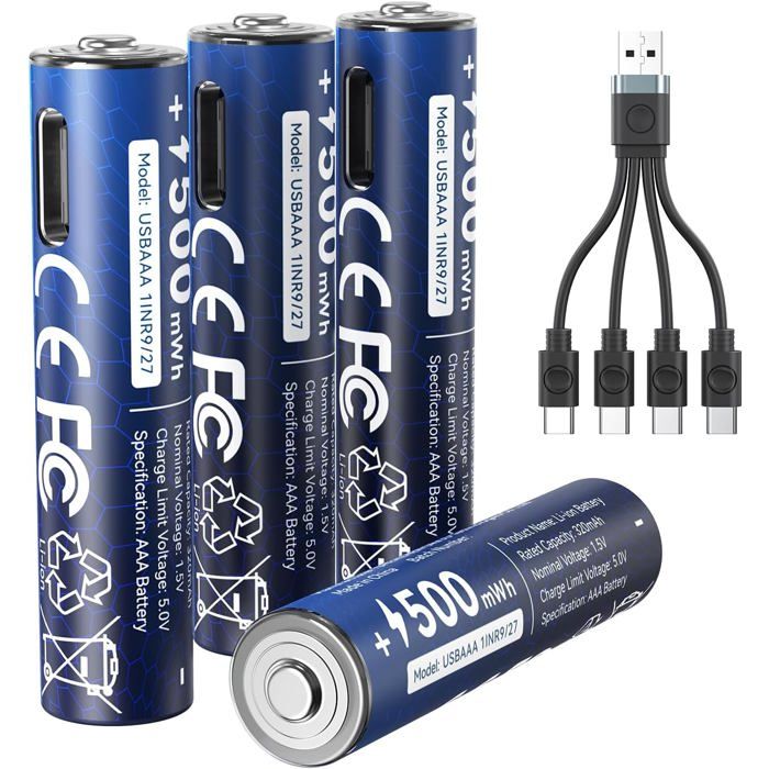 Piles Lithium AAA 15V 500 mWhRechargeables USB-C avec câbleLot de 4pour Lampe Torche