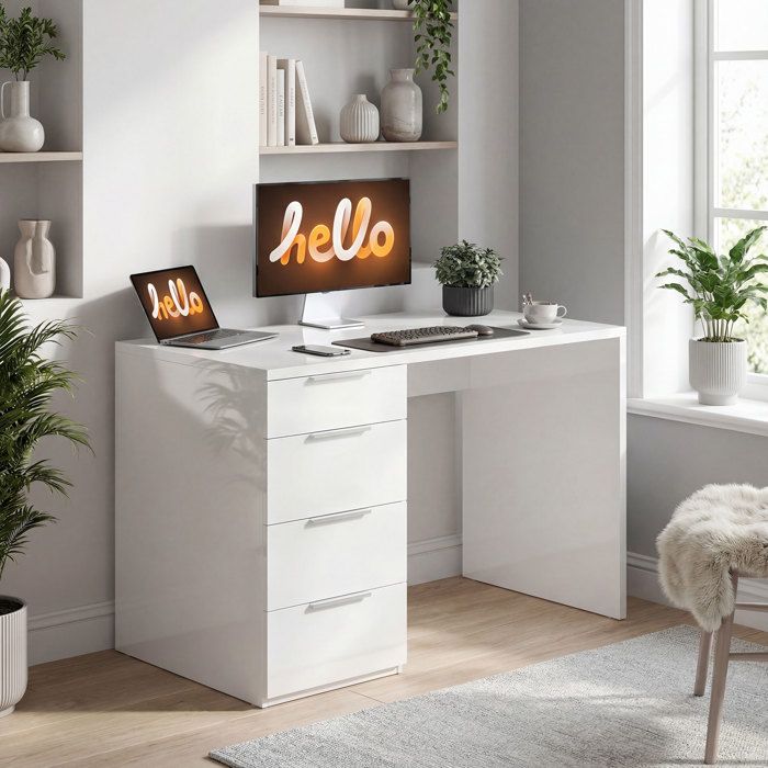 Bureau dordinateur à haute brillance avec 4 tiroirs 110 x 60 cm bureau avec rangement style moderne blanc