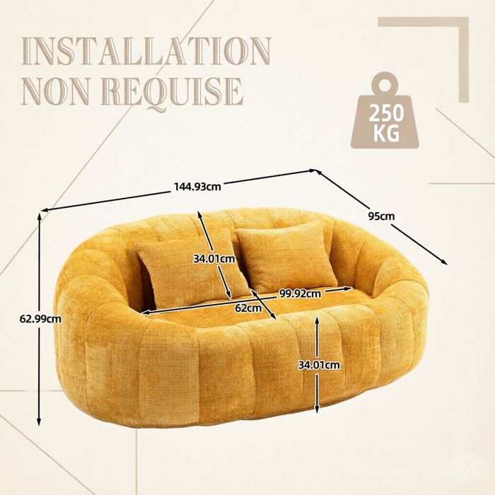 Canapé 2 places en Chenille Pouf poire 145x95x63cm pour salon et chambre avec 2 coussins Jaune