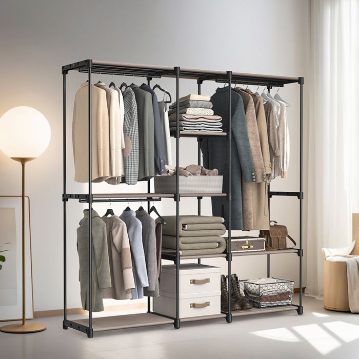 Armoire Ouverte Portant à Vêtements Penderie avec Tringles à Vêtements et Étagères en Tissu pour Chambre 182 x 43 x 182 cm Taupe