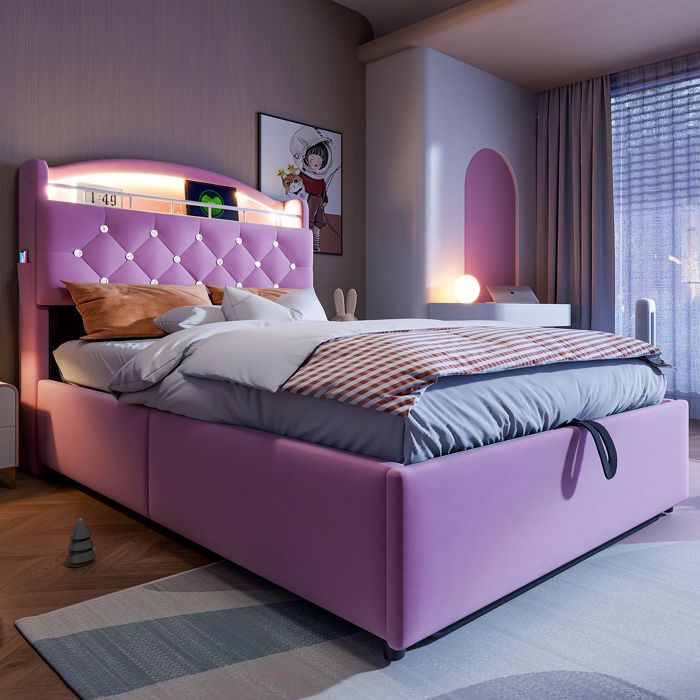 Lit enfant rembourré - KOMHTOM - 90 x 200 cm - Velours rose - Rangement relevable - LED USB/USB‑C