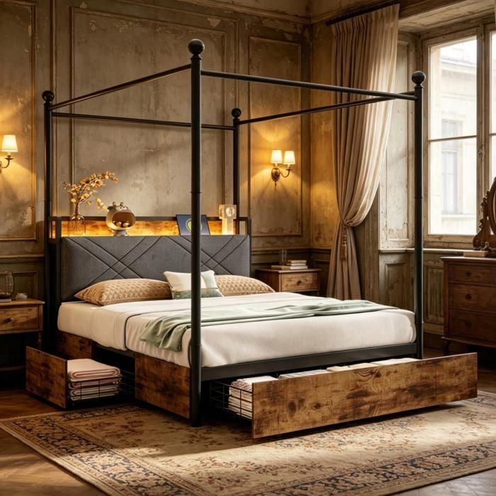 HOMVRA Lit à baldaquin 140x190 cm - Lit double avec LED et USB 3 tiroirs espace de rangement - Métal noir (sans matelas)