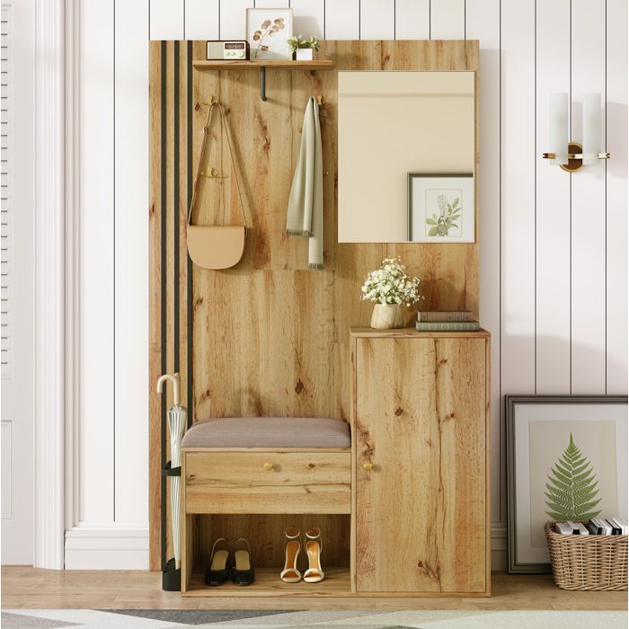 Vestiaire d’entrée naturel en MDF avec miroir assise rembourrée et étagères