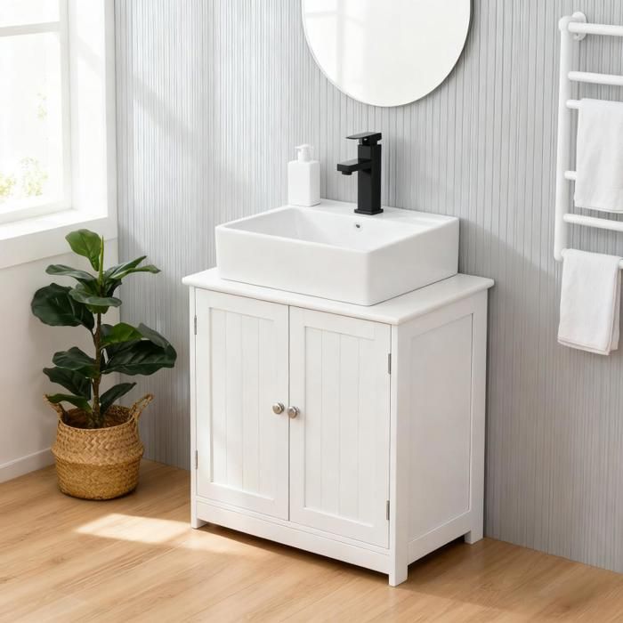 MIPAN. MEUBLE VASQUE SIMPLE DU SOL AU PLAFOND - DEUX PORTES - STYLE SIMPLE ET MODERNE - 60*30*60CM - BLANC