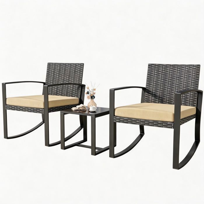 Salon de Jardin - Bealife - 2 Fauteuils Bascule - 1 Table Basse Verre Trempé - Coussin Déhoussable - Résine Tressée Beige - Véranda