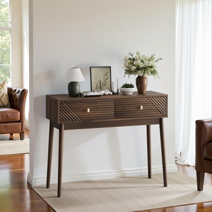 Console Mid-Century 100x35x80 cm Noyer - 2 Tiroirs et Étagère Ouverte Pieds Massifs Anti-Bascule - Entrée Salon