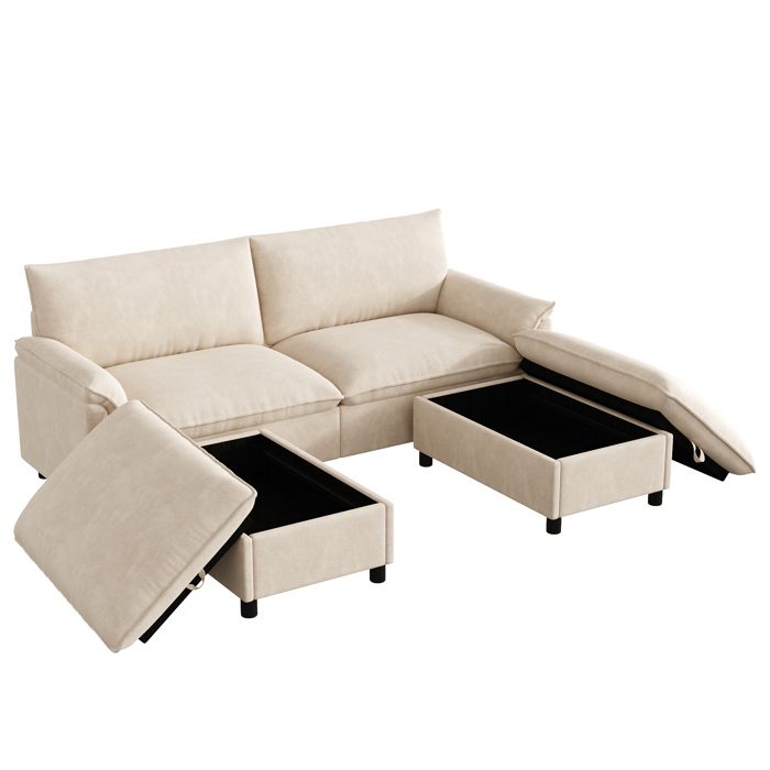 Canapé dangle - HIBA - Assise nuage - Beige - Tissu chenille - 4 places repose-pieds & rangements