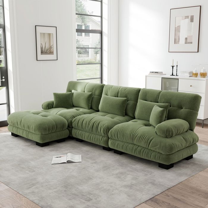 Canapé dAngle Canapé Modulable modulaire forme en L lit profond ottoman velours chenille vert