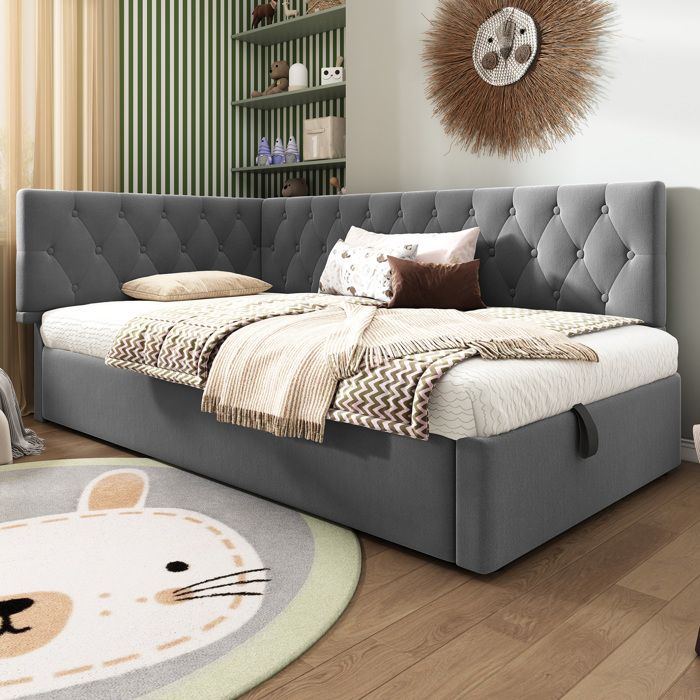 Lit banquette en velours gris 90 x 190 cm - Coffre de rangement hydraulique - Sans matelas