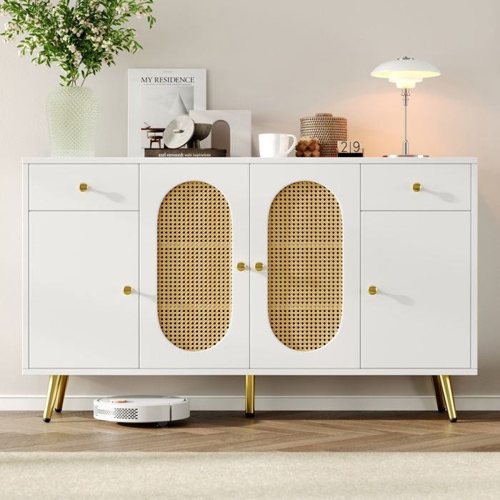 Buffet commode avec 2 tiroirs et 4 portes étagères réglables en hauteur tons blancs et naturels 140x35x82cm (LxPxH) Buffet commode avec 2 tiroirs et 4 portes étagères réglables en hauteur tons blancs et naturels 140x35x82cm (LxPxH)