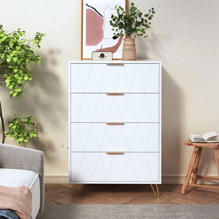 Commode blanche à 4 tiroirs avec motifs losanges géométriques - Chiffonnier moderne avec pieds et poignées