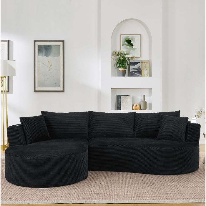 COVREO Canapé compressé 3 places méridienne gauche design arrondi tissu côtelé noir porte-gobelets coussins inclus