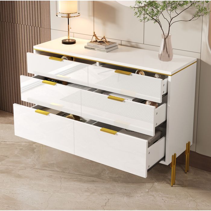 Buffet Bas 6 Tiroirs Façades Brillantes - MODENVIE - pour Salon Salle à Manger ou Entrée Blanc et Or 120×40×855 cm