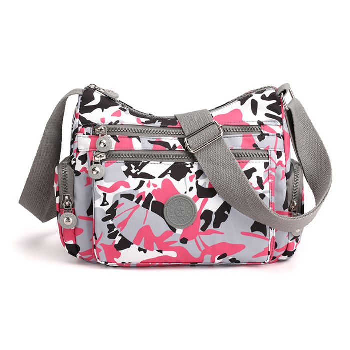 Sac Bandoulière Femme Nylon Imperméable avec Motif Imprimé Multi-PochesCamouflage Rose