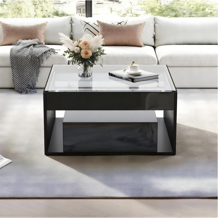 Table Basse Carree En MDF Noir Table De Salon LED FloraGrace Pour Petit Salon Avec 2 Tiroirs Et Niche Ouverte 70x70x35cm