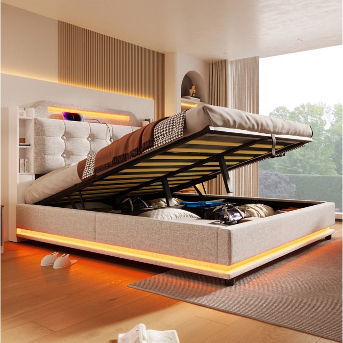 Lit coffre 140 x 200 cm – Beige – LED USB + Type-C rangements sommier à lattes sans matelas