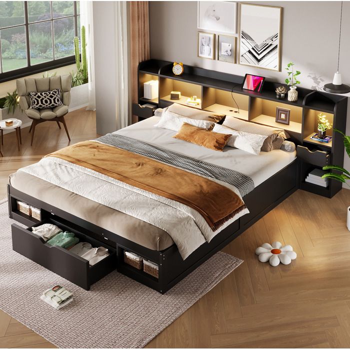 Lit plateforme 180 x 200 cm EVRYAE avec rangement intégré 3 tiroirs LED et port USB noir