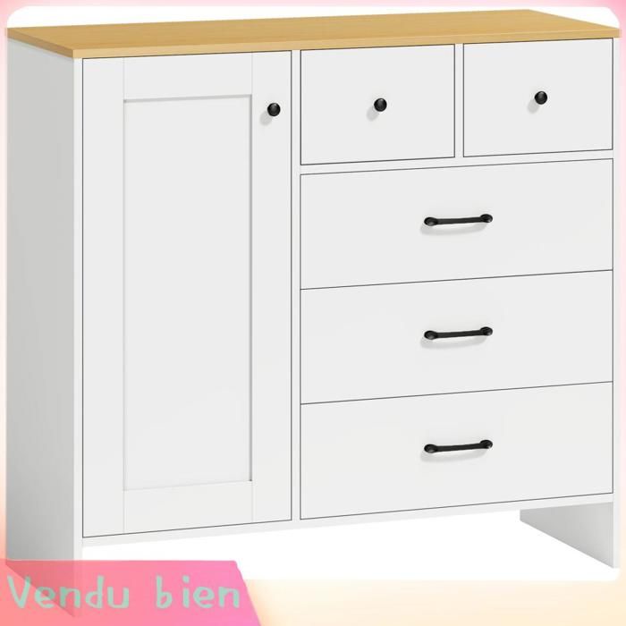 LIA Buffet Cuisine Meuble de Rangement avec 5 Tiroirs et Porte Style Rustique 100 x 40 x 94 cm Blanc