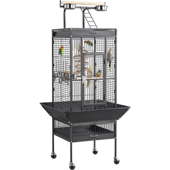Grande Cage Oiseau Volière Perroquet Perruche Canari sur Roulettes - Noire Usage Intérieur et Extérieur