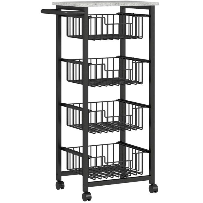 SENVIRO Desserte de cuisine à roulettes 4 niveaux 49 5 x 31 x 91 cm 4 paniers en acier plateau MDF gris clair