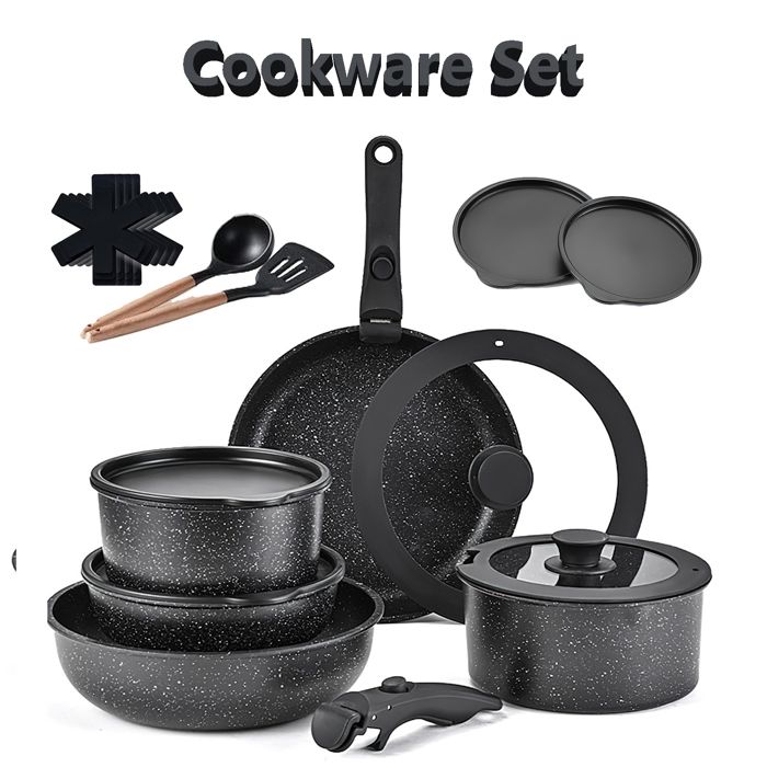 Set de Cuisine 17 Pièces Poêles & Casseroles Antiadhésives Céramique Poignées Amovibles Compatible Tous Feux