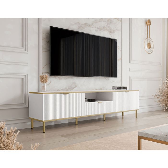 Hope - meuble tv 181 cm - 2 portes et 1 tiroir - Blanc / Doré Hope - meuble tv 181 cm - 2 portes et 1 tiroir - Blanc / Doré