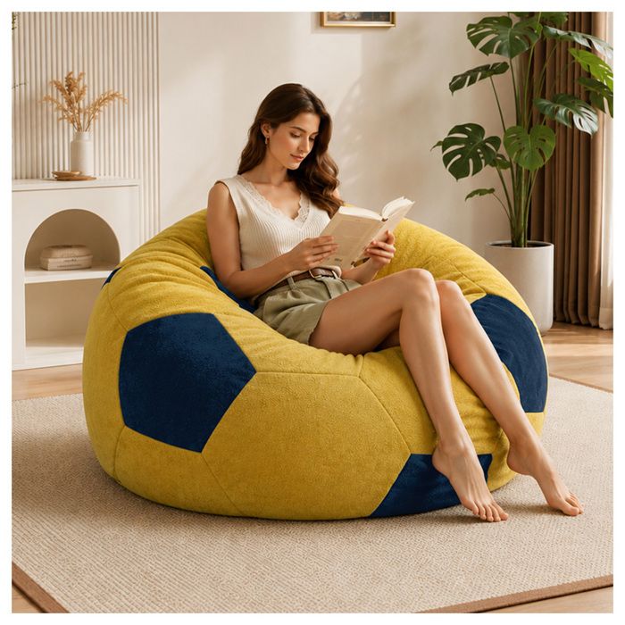 Pouf ballon football en velours fauteuil bean bag XXL confortable siège relax pour salon et chambre bleu et jaune