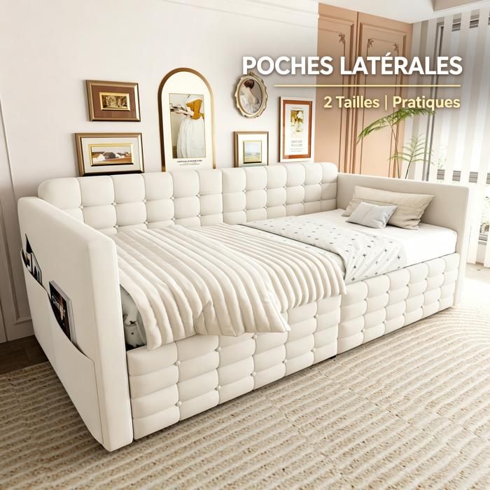 URTR Canapé-lit capitonné 90x190 motif à carreaux classique rangements latéraux 2 tiroirs velours charmant Beige