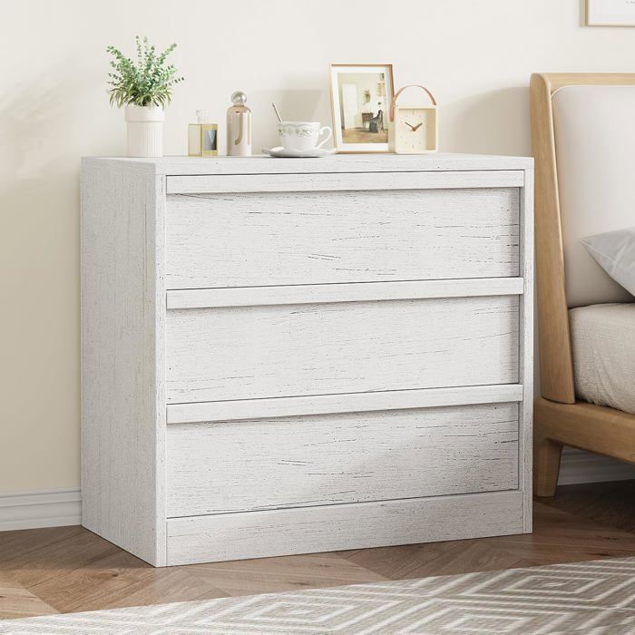 Koioplie Commode chambre 3 tiroirs en bois grand rangement anti-basculement style moderne meuble dappoint Blanc Antique