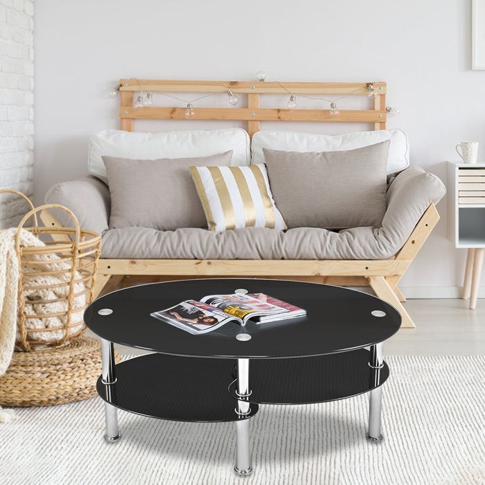 MIPAN. Table Basse En Verre Trempé Avec Deux Étagères De Rangement 90*50*42cm Noir