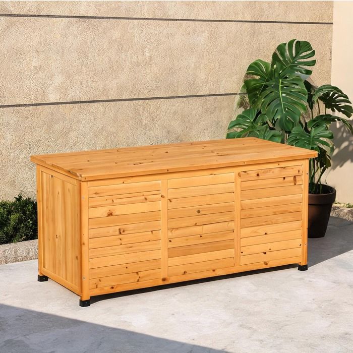 Coffre de jardin en bois massif jaune 127x56x60 cm rangement extérieur avec couvercle et assise