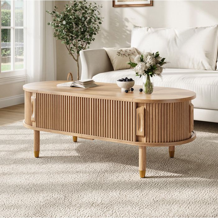 WOVREO Table basse ovale relevable hydraulique 110 x 48 x 57 cm rangement et portes coulissantes MDF naturel