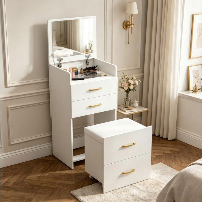 MEULVA Coiffeuse blanche 48 x 40 x 90 cm miroir relevable plateau en verre et tabouret à roulettes