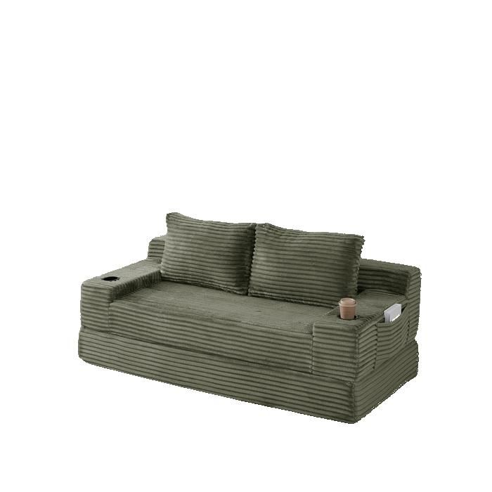 Canapé-lit convertible 2 places couchage 170 x 180 cm velours côtelé vert porte-gobelets et rangements JOINERY