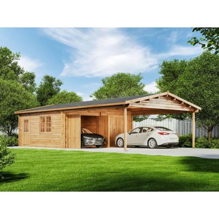 Garage double avec carport Falun-44 ISO Alpholz 6x11m en bois massif 64m²