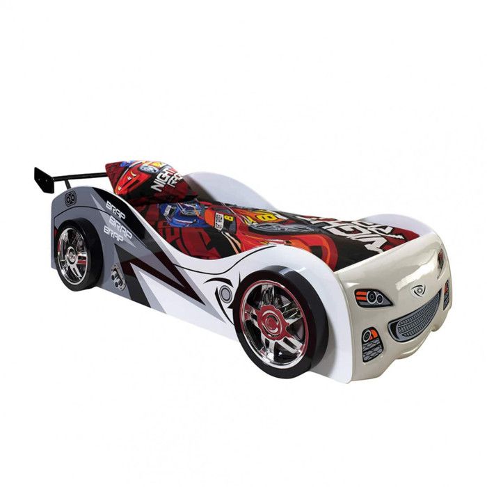 FASTER - Lit Voiture de Course 90x200cm Blanc Gris Noir FASTER - Lit Voiture de Course 90x200cm Blanc Gris Noir