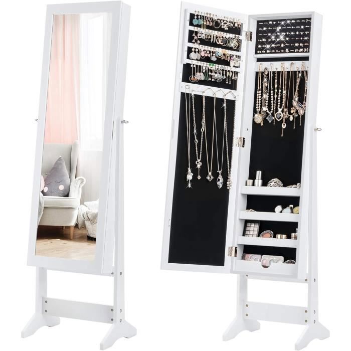 COSTWAY Armoire à bijoux sur Pied avec Miroir Coffre à Bijoux Armoire de Rangement Cosmétiques 3 Positions Réglables Blanc COSTWAY Armoire à bijoux sur Pied avec Miroir Coffre à Bijoux Armoire de Rangement Cosmétiques 3 Positions Réglables Blanc